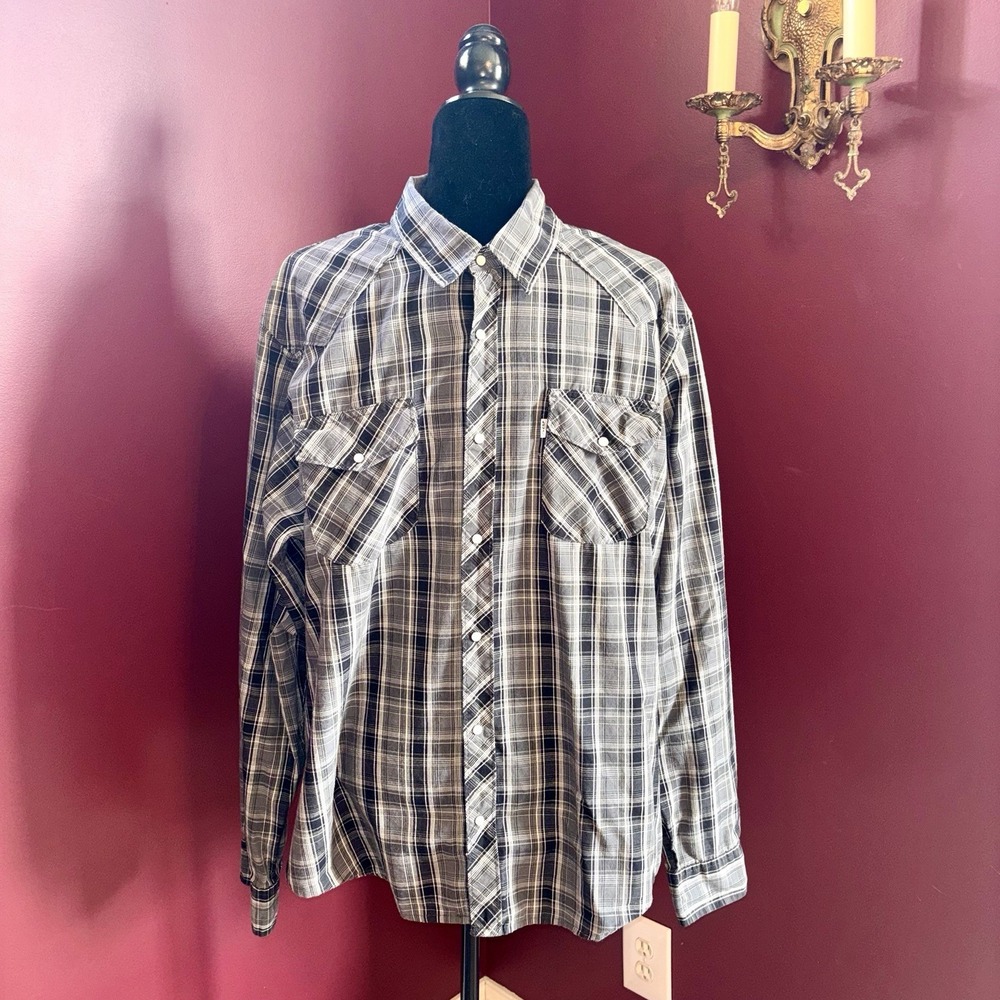 VTG 1980s 80s Levis Western Shirt Pearl Snap Plaid Long Sleeve Sz XL RN117508